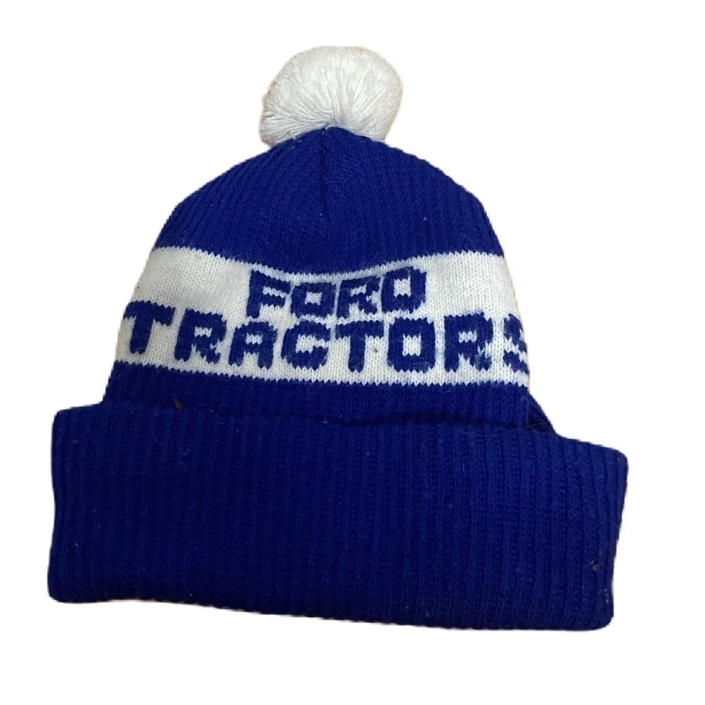 Vintage Ford Tractors Knit Pom Hat Beanie Blue White Farming Agriculture